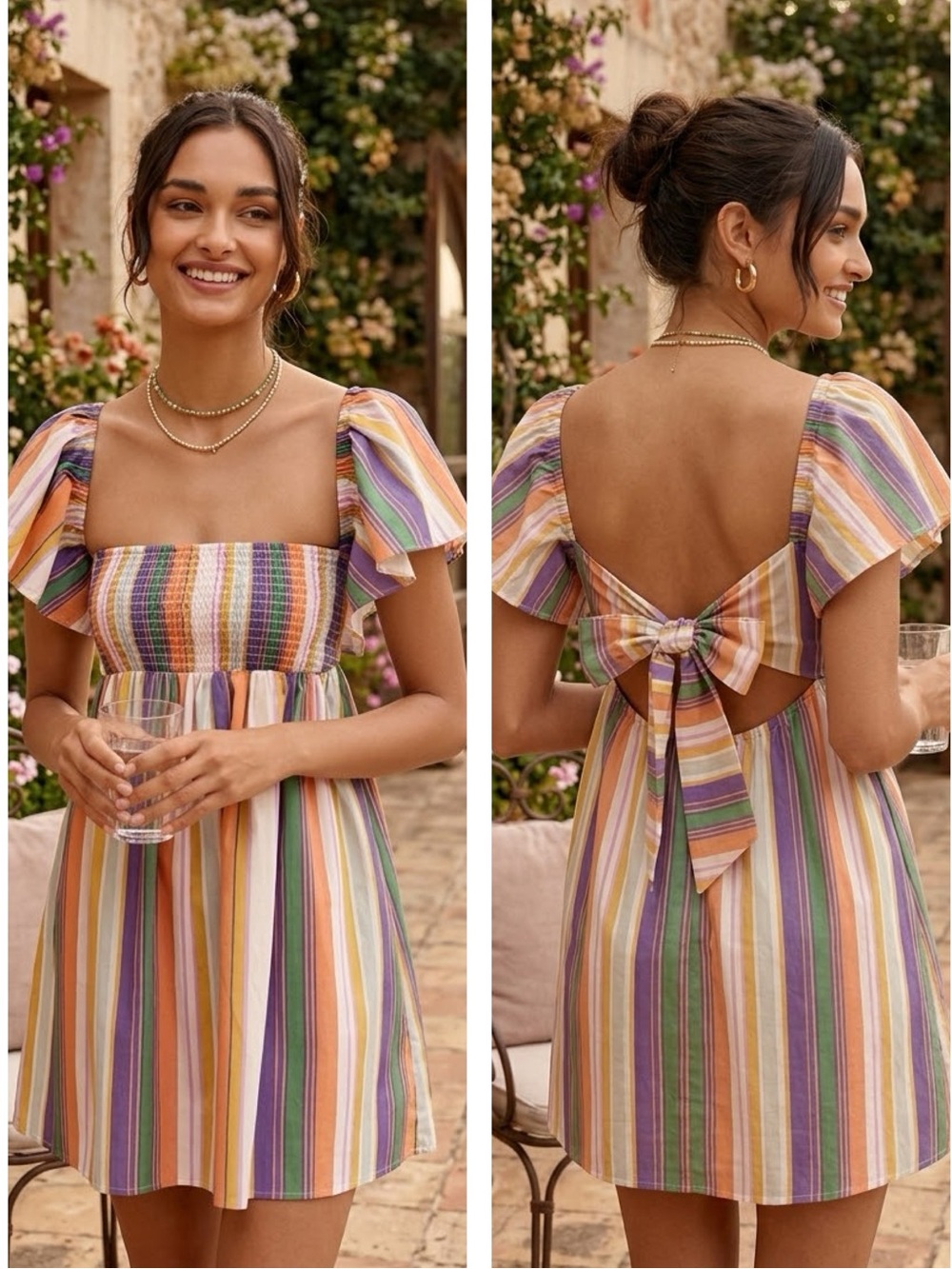 Anthropologie Multicolor Striped Ruffle Sleeves Smocked Open Back Bow Mini Dress